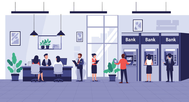 Interior view of a modern bank branch featuring customers using automated teller machines and consultants assisting clients at desks.