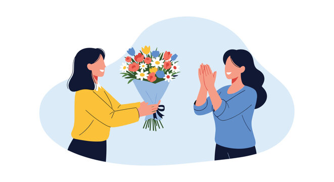 Heartfelt moment of one woman gifting a beautiful bouquet of colorful flowers to a surprised and happy friend or colleague.