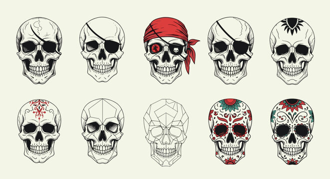 Collection of diverse skull illustrations features designs with eye patches, bandanas, and decorative patterns inspired by Mexican folk art.