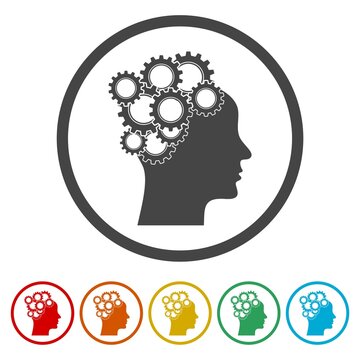Thinking icon. Human head gears icon. Set icons in color circle buttons
