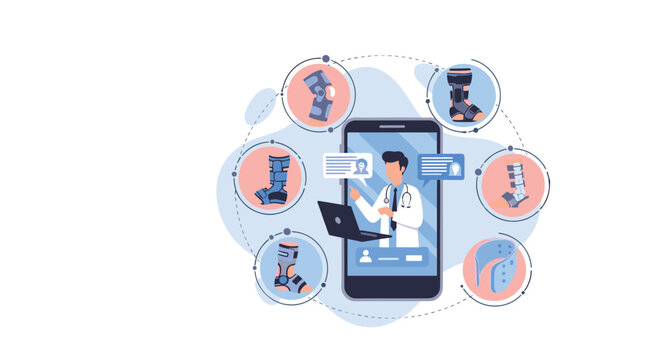 Online medical consultation platform showing a doctor and various orthopedic supports for patient rehabilitation.