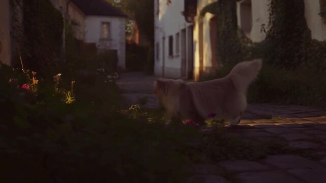 A bright white cat walking alone on a wide stone path. The dim atmosphere and dim lighting indicate dusk or evening.
