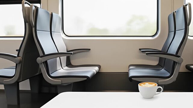 Empty train seats view and a cup of latte