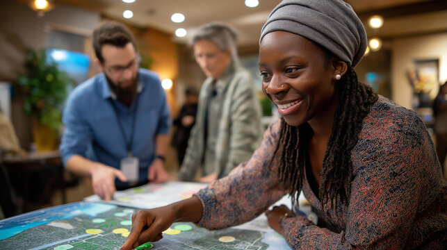 Residents and facilitator placing stickers on a city map during a civic engagement workshop mapping streets and parks in a collaborative community planning session