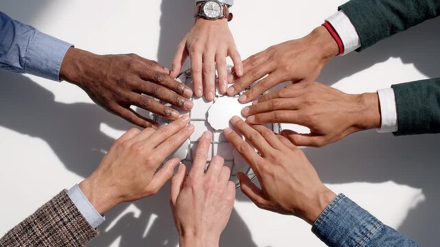 Diverse hands reach toward white wireframe globe with visible Africa continent
