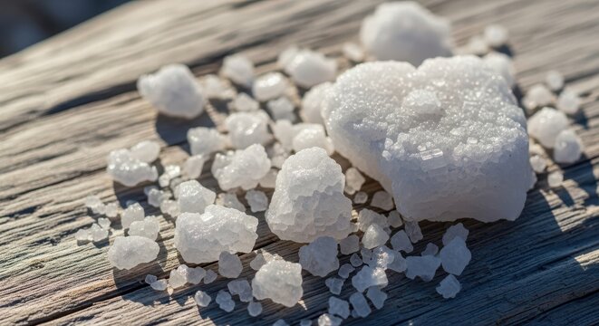 Close up of natural coarse sea salt crystals shimmering under the sun, deposited on driftwood by strong coastal ocean waves, pattern, seasoning, shore
