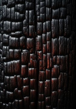 Close-up abstract background showing the deep black texture of charred wood structure, resulting from intense heat and fire destruction, gray, char, damage