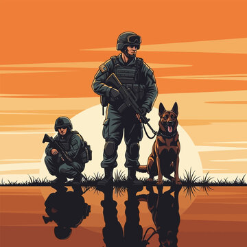 K9 Military Dog Team Patrol Sunset Retro Vector Illustration