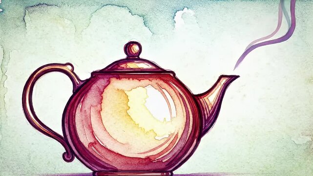 Watercolor painting of a rounded teapot with steam rising on a muted background