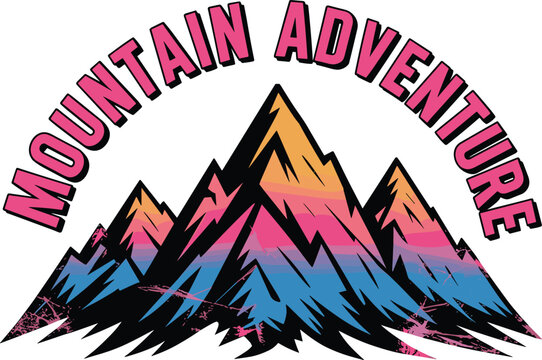 Mountain adventure with pink text and retro gradient peaks