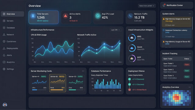 Dark Business Monitoring Dashboard Interface with Analytics and KPI Widgets