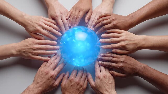 Diverse hands surrounding a glowing blue orb on a white surface
