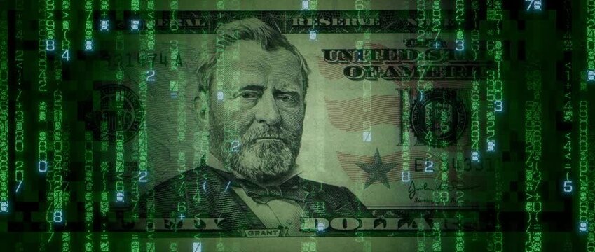 Electronic Money Concept with Fifty Dollar Bill made from Animated Numbers and Symbols. Modern Banking Background.