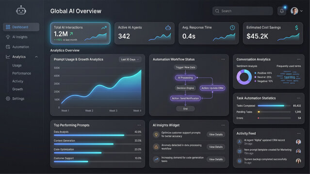 Dark Business Analytics Dashboard Interface with Data Visualization and KPI Monitoring