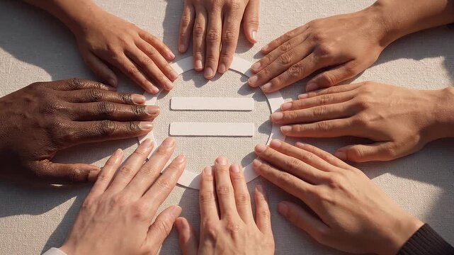 Diverse hands surrounding white equality symbol on textured beige fabric