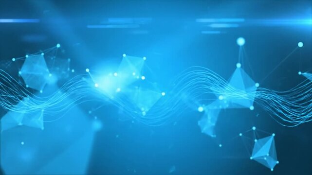 Abstract blue tech background with connected geometric shapes and flowing lines for digital innovation.