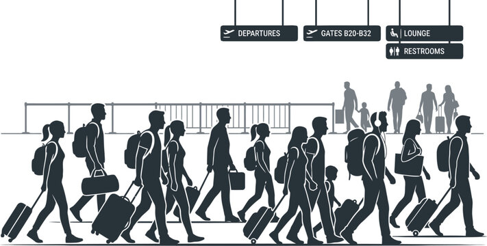 Silhouette illustration of travelers with luggage walking at an airport terminal.
