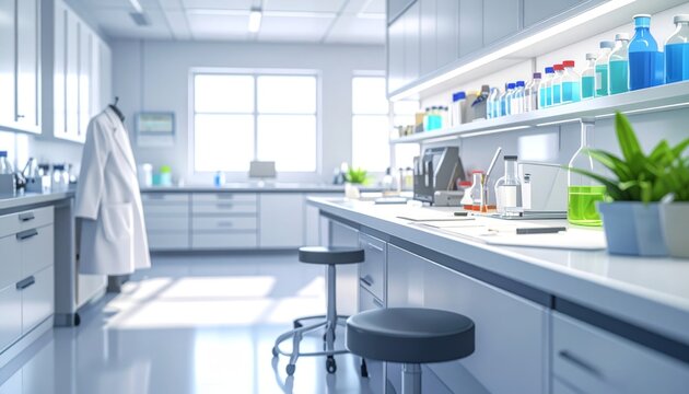 Empty Laboratory Bench with Stools and Equipment