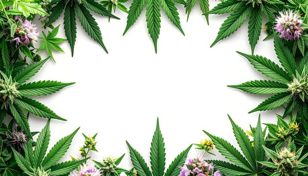Cannabis leaves and flowers border frame.