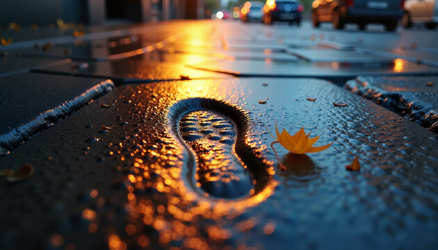 Footprint in rain-soaked sidewalk at dusk, fleeting moments