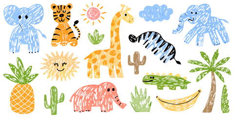 Children s illustration of safari animals and tropical plants watercolor style © AnupKumar