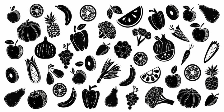 Collection of fruit and vegetable silhouettes on a white background