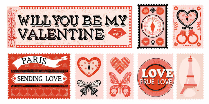 Vintage valentine postage stamps with romantic messages and illustrations