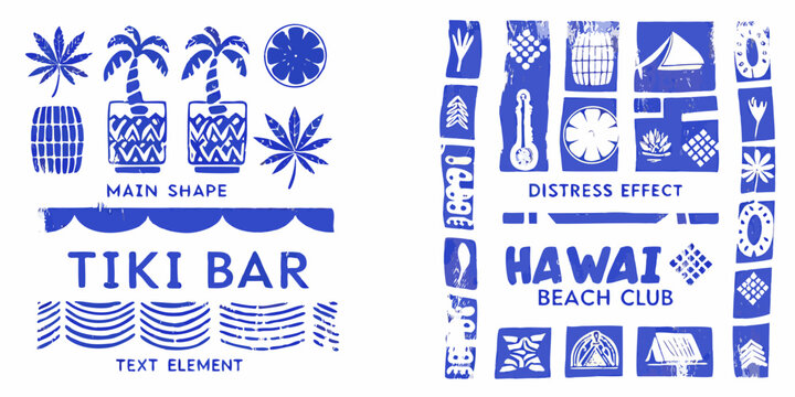 Hawaiian tiki bar icons and elements bold blue ink stamp style