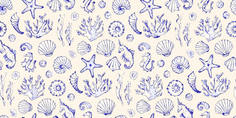 seamless nautical pattern featuring seashells starfish and coral sketches © AnupKumar