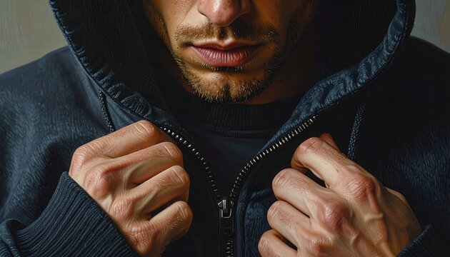 Man in dark hoodie zipping up.