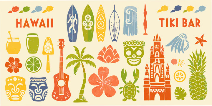 hawaiian tiki bar themed vector illustration with tropical elements