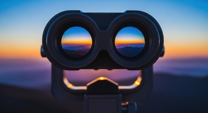 A close up view through large observation binoculars focusing on a distant, unclear landscape from a raised vantage point, travel, seeing, scenic