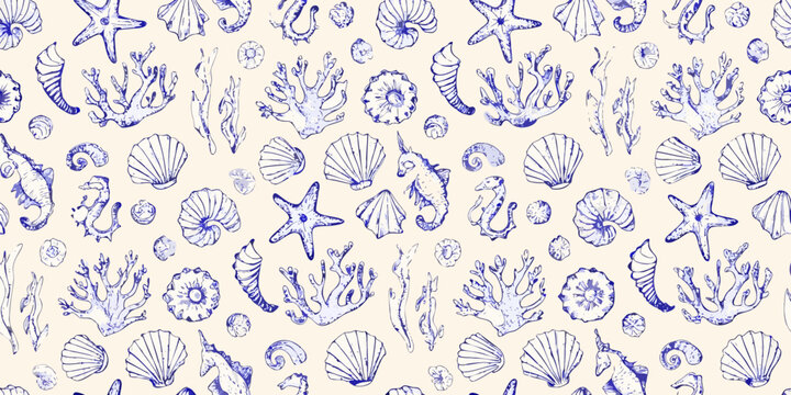 seamless nautical pattern featuring seashells starfish and coral sketches