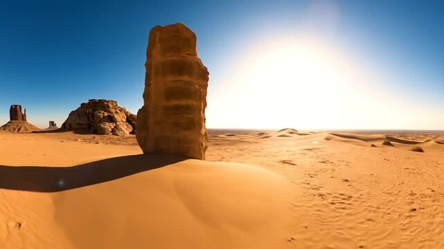 Epic scenic view of a desert landscape with iconic rock formations, sunlit with a blue sky, and a wide perspective.