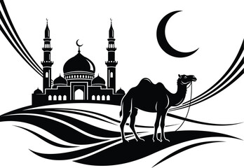 A black and white illustration of a camel standing in front of a mosque with a crescent moon in the sky © Nahid