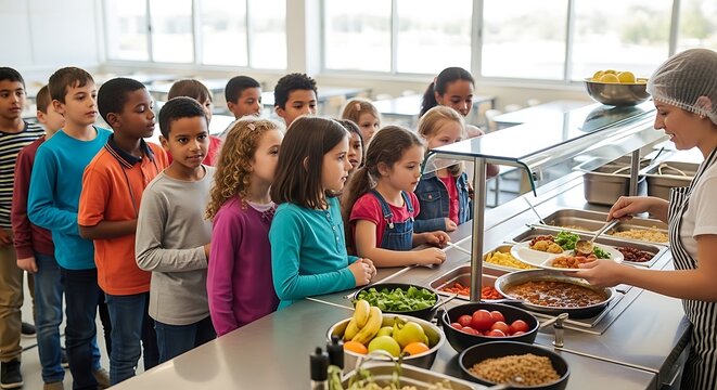 Diverse elementary school children eagerly lining up for healthy and nutritious meals served by a friendly staff member in a bright and bustling school cafeteria
