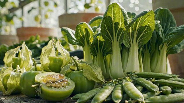 Garden harvest display of bok choy, tomatillos, green beans and leafy greens, green fruits and vegetables scene on rustic table with soft sunlight, natural texture, and clean farmhouse freshness