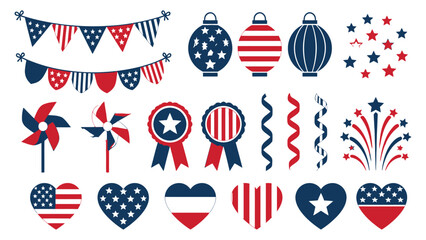 Obraz premium Collection of American patriotic holiday decorative elements including pennant banners pinwheels ribbons hearts lanterns and fireworks