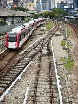 Rapid KL Light Rail Transit CSR Zhuzhou LRV train on elevated tracks near Chan Sow Lin LRT Station. Kuala Lumpur, Malaysia, May 2025. 