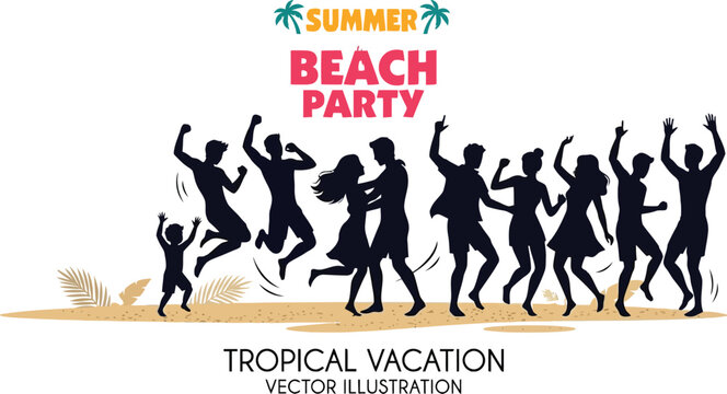 Summer beach party vector illustration with dancing people