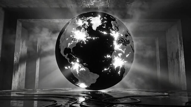 Black and white glowing globe inside a mysterious room with wires and mist, concept of global power