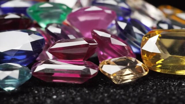 Vibrant assortment of precious gemstones sparkling on black surface