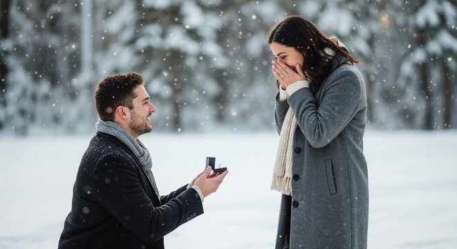 Romantic winter proposal in the snow with couple celebrating engagement, man kneeling with ring and woman covering her face in excitement, heartfelt moment in snowy landscape,