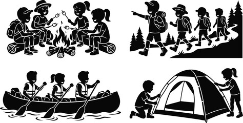 Silhouette illustrations of kids camping, hiking, canoeing and setting up a tent © Nahid