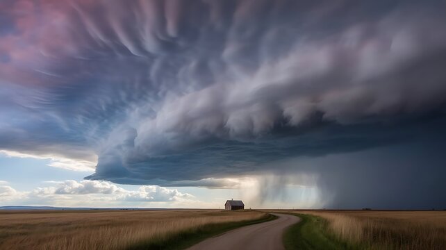 Dramatic supercell storm cloud with shelf formation over a lonely barn and rural road at sunset