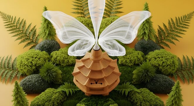 Enchanting Forest Scene with Fairy Wings and Pagoda