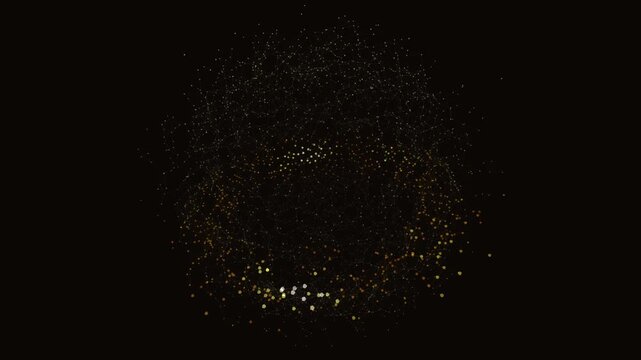 Abstract 3D spherical brain cloud network visualization featuring classic plexus structures in a pale gold and amber spectrum. Cinematic wide and X-axis spin perspective with a seamless loop 