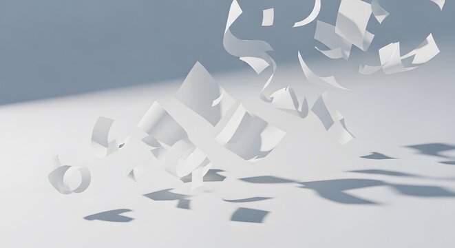Falling Papers Floating Serene White Background Subtle Shadows