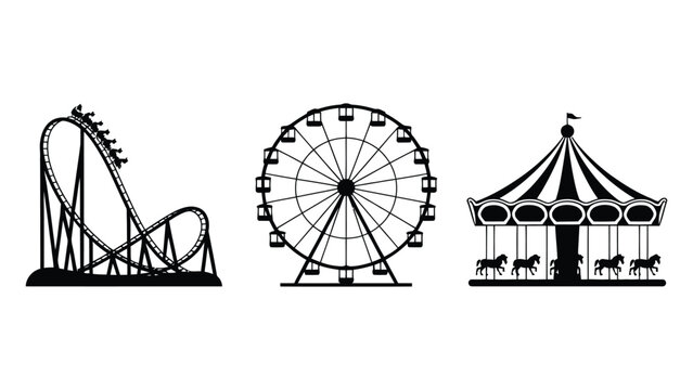 Iconic amusement park attractions including a thrilling roller coaster ride a grand Ferris wheel and a classic carousel with horses