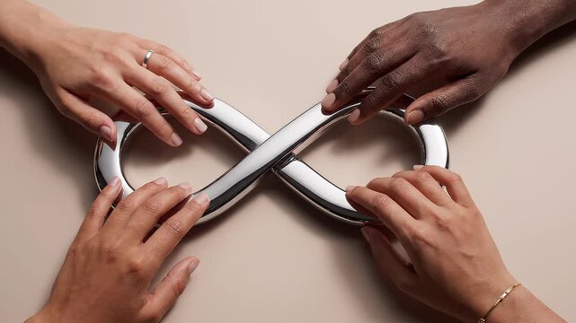 Four hands of varying skin tones touch a large silver infinity symbol on beige surface